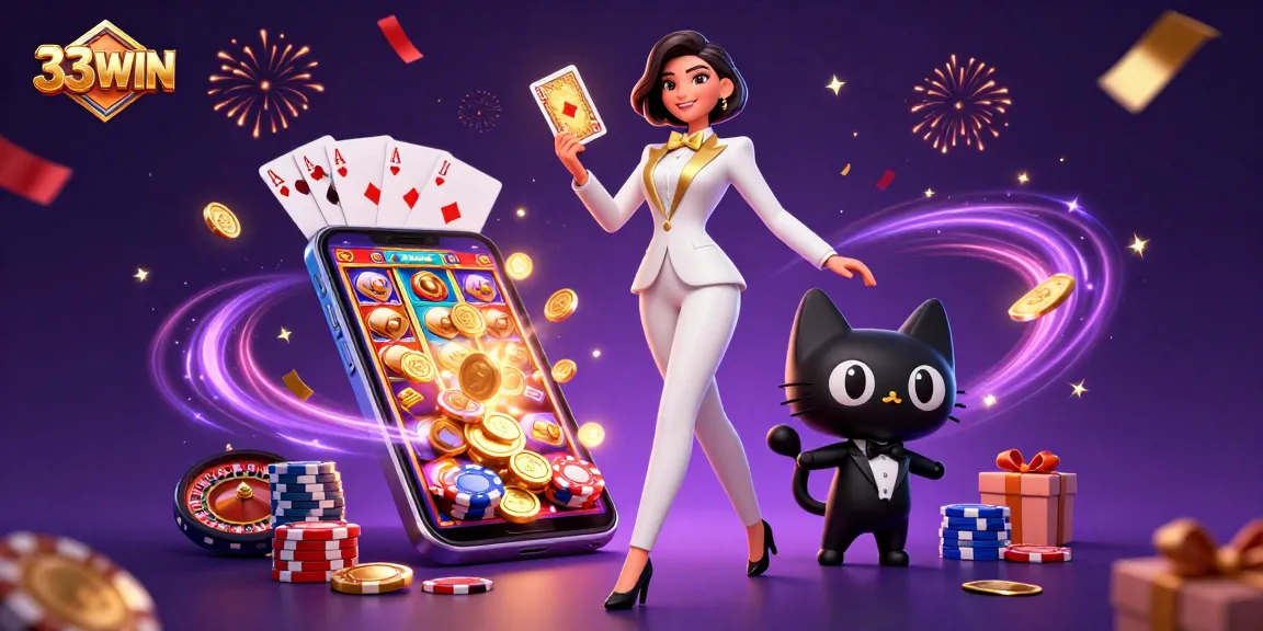 Experience the excitement of 33WIN with a glamorous woman and a playful cat in a thrilling casino scene.