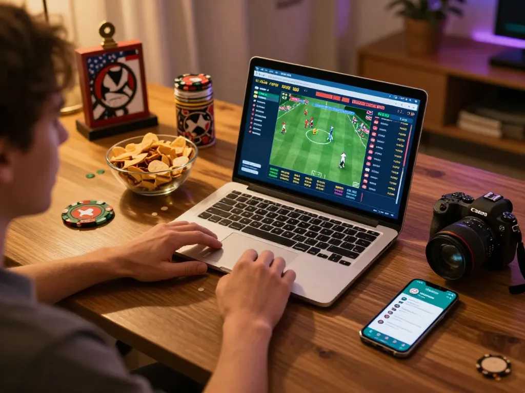 Engaged user betting on VIN88 sporting events on laptop in a cozy home setting