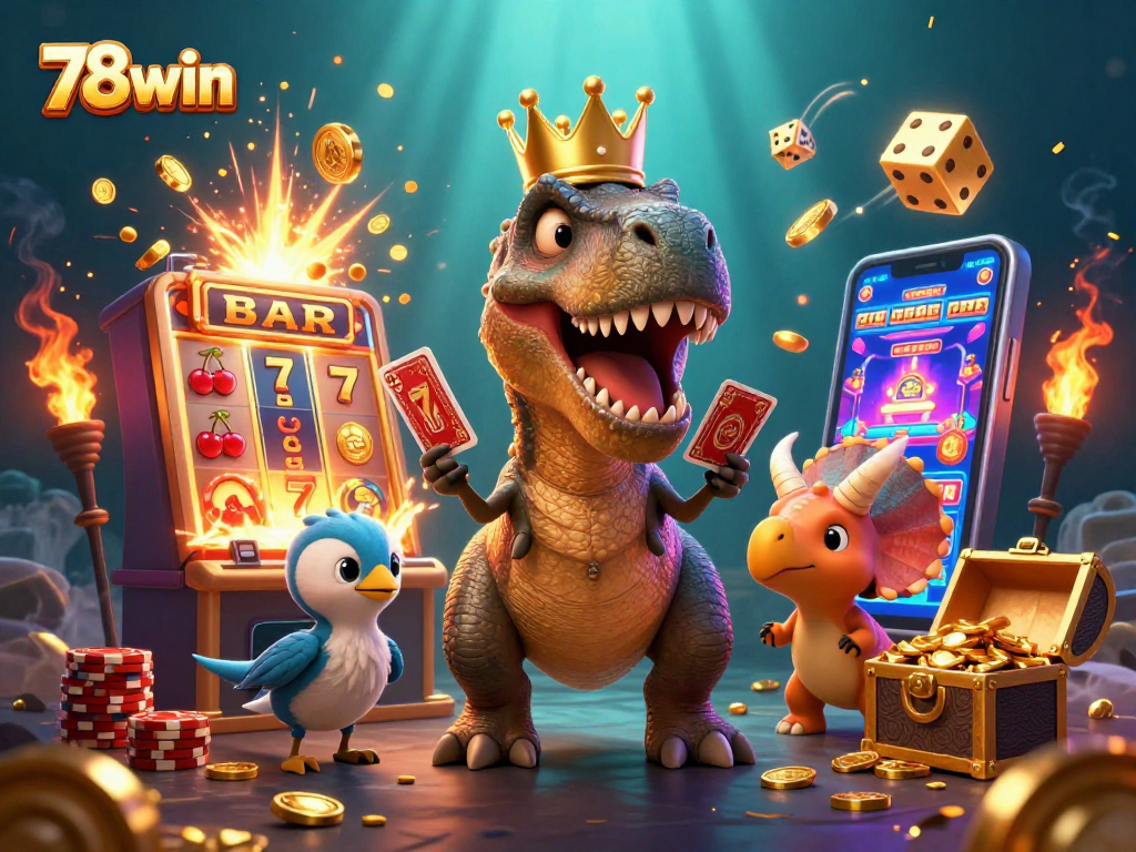 Experience the excitement of 78win with a playful T-Rex in a casino setting, shuffling cards.