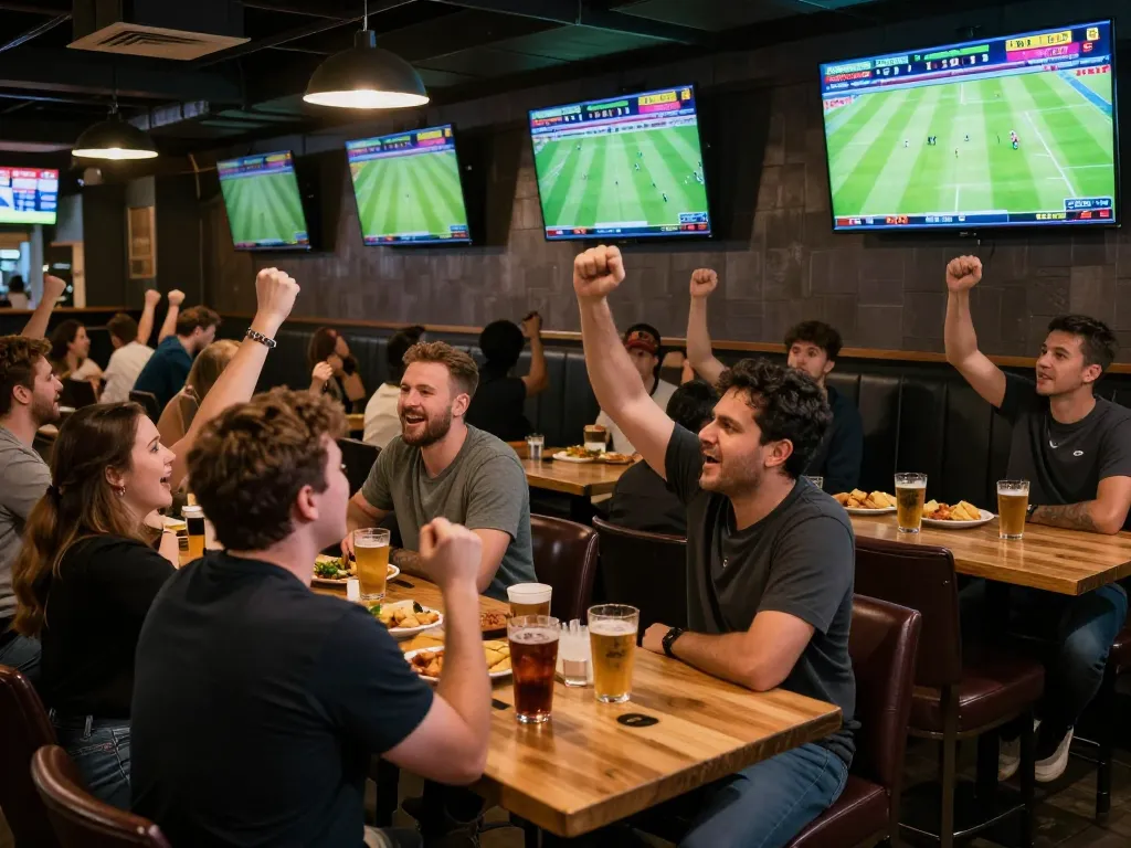 Sports enthusiasts analyzing odds and cheering during matches on soi keo bong da hom nay in a lively sports bar setting