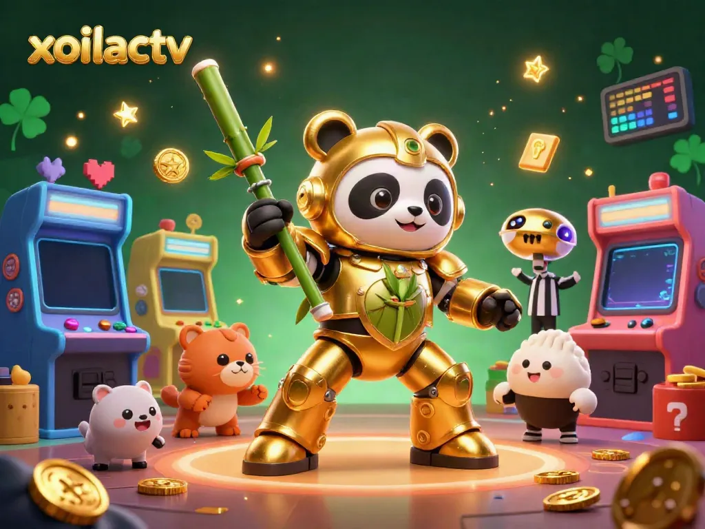 Experience the exciting action of xoilactv with a golden panda in a mech suit battling in a dynamic gaming arena.