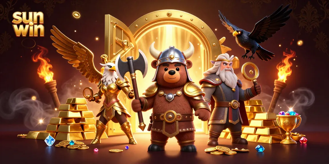 sun win features a Viking bear and Valkyrie eagle amidst treasures in a dynamic casino scene