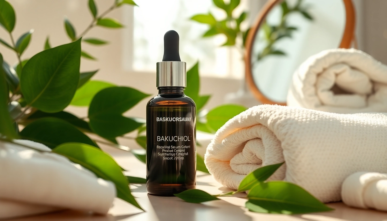 Highlighting the bakuchiol serum in a calming skincare setting with natural elements.