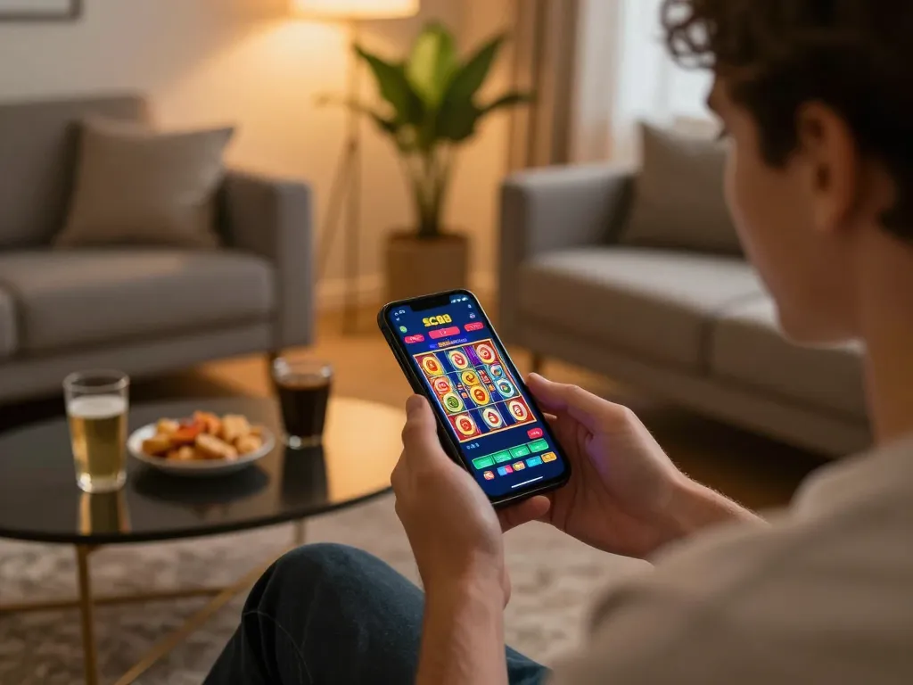 Player enjoying the SC88 app on smartphone in a cozy home setting, engaged in online slot gaming.