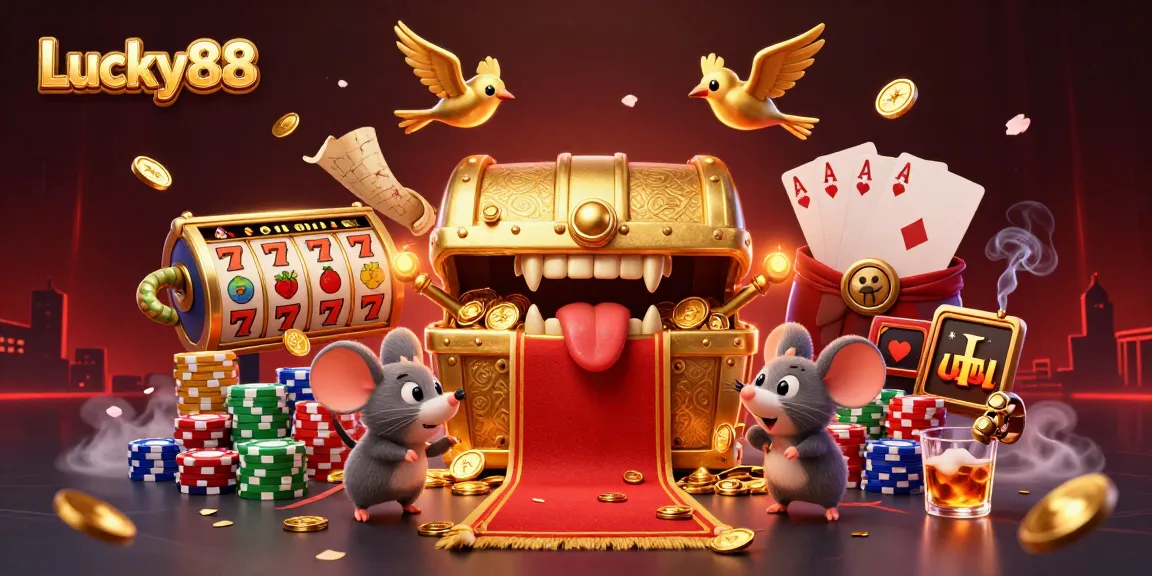 Experience the excitement of Lucky88 with a vibrant illustration of treasures and slot elements.