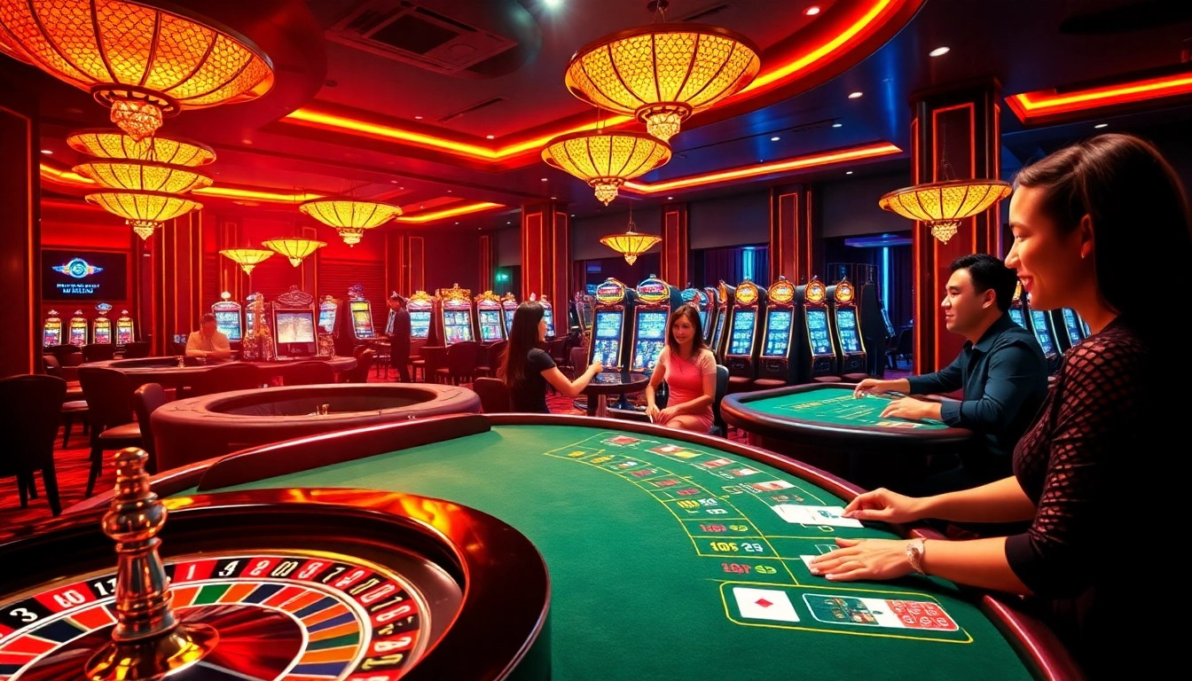 Experience the excitement of gambling at IQ88 with vibrant casino tables and engaged players.