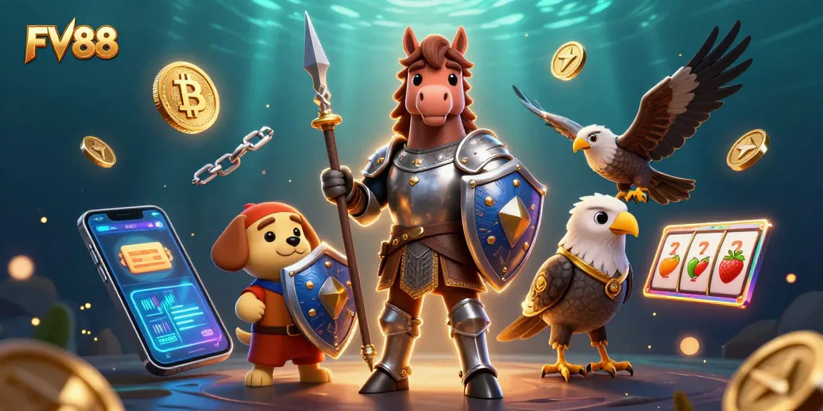 Experience the adventure of FV88 with a 3D knight, puppy, and falcon immersed in crypto and slot icons.