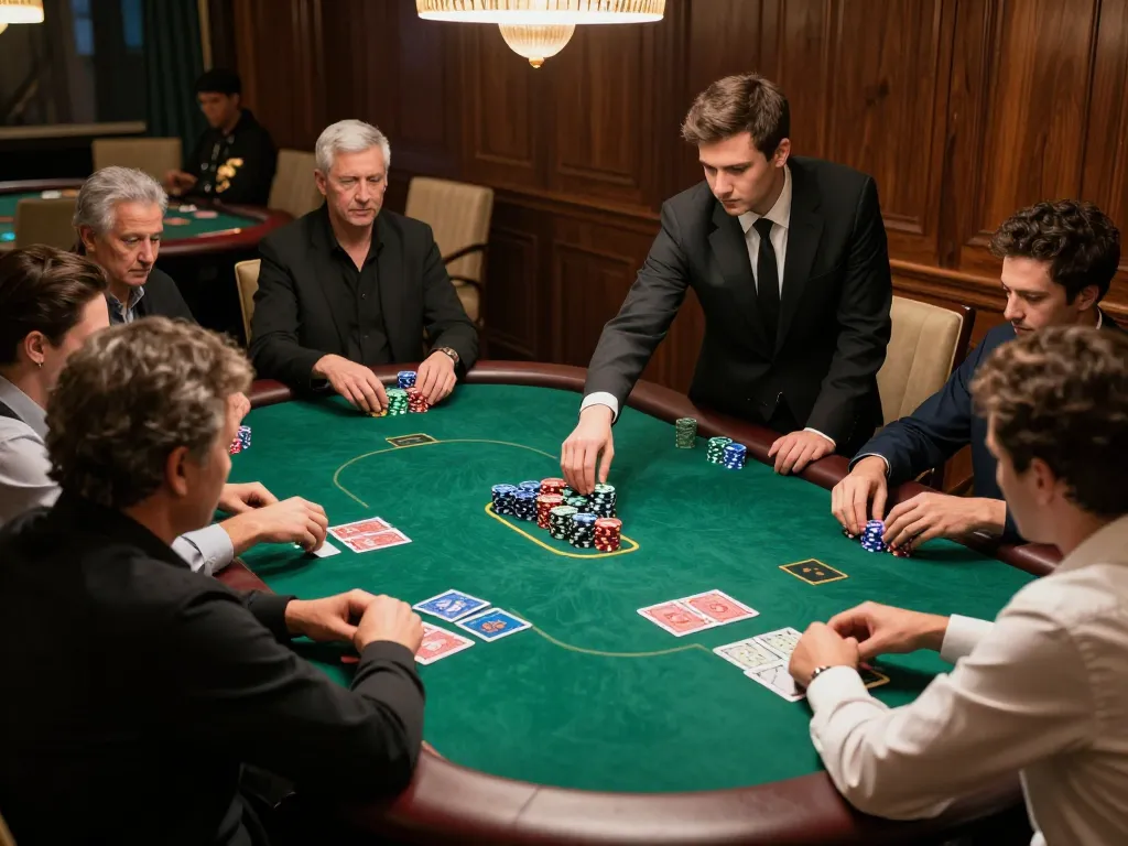 Players engaging in a high-stakes poker game at a luxurious casino table, da88 strategy in action.