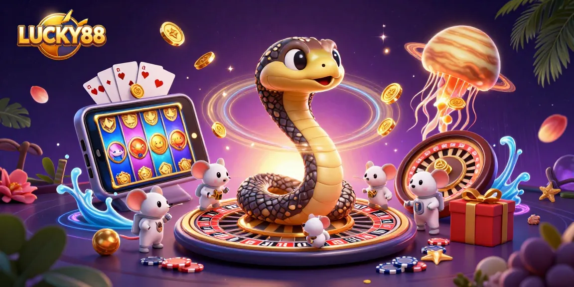 LUCKY88 slot players betting alongside cosmic characters in an imaginative 3D casino scene.