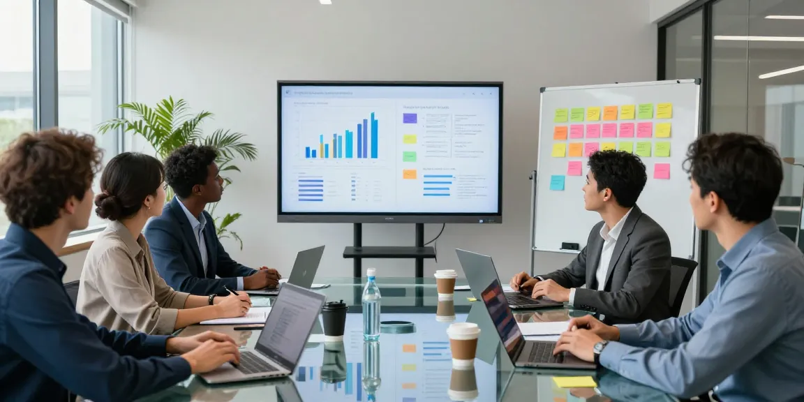 Dynamic business strategy meeting at https://wwww.monkeygoals.com with diverse professionals discussing goals and collaboration.