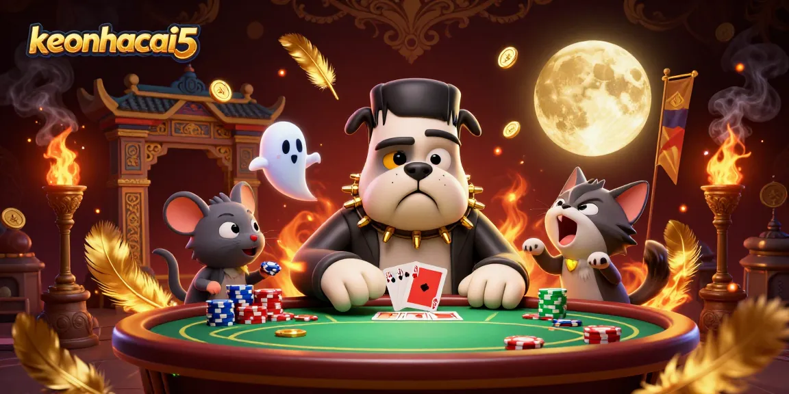 Engaging illustration of keonhacai5 featuring a Frankenstein bulldog dealer with a royal flush in vibrant casino atmosphere.
