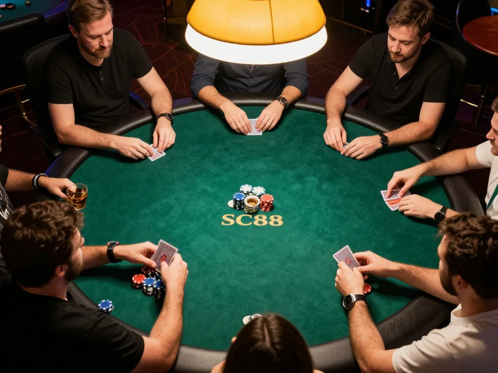 Players engaging in a lively poker game at SC88 social casino, showcasing strategic gameplay and social interaction.