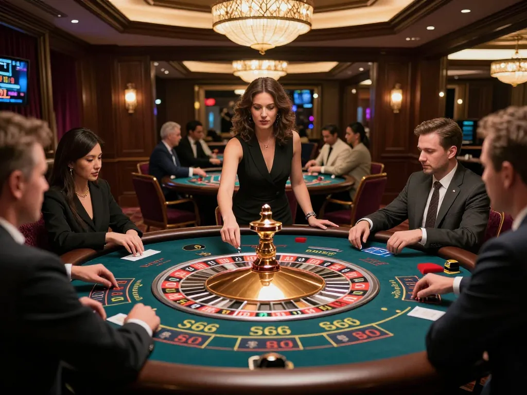 S666 players placing bets at an elegant roulette table in a luxurious casino environment with rich decor.