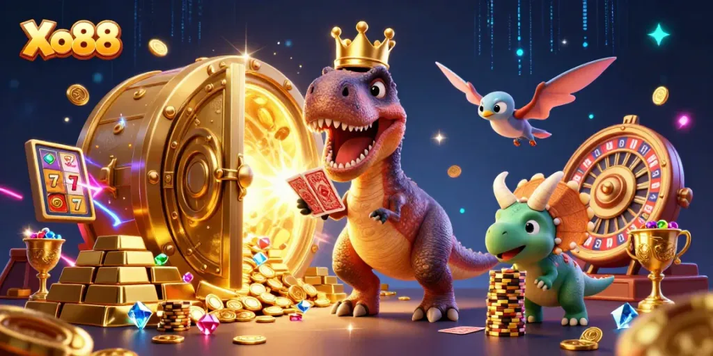 Xo88 features a vibrant 3D T-Rex playing cards and stacking chips in a dazzling casino scene.