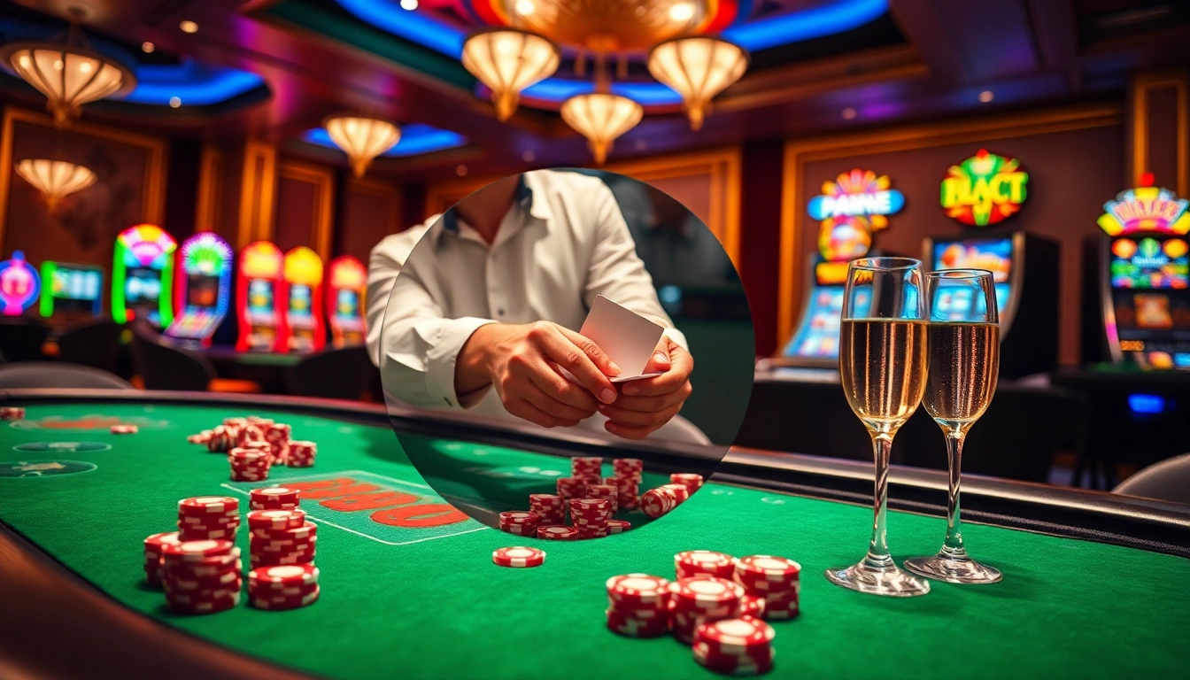 Exciting casino scene showcasing tt88 gaming experience with vibrant tables, cards, and slot machines.