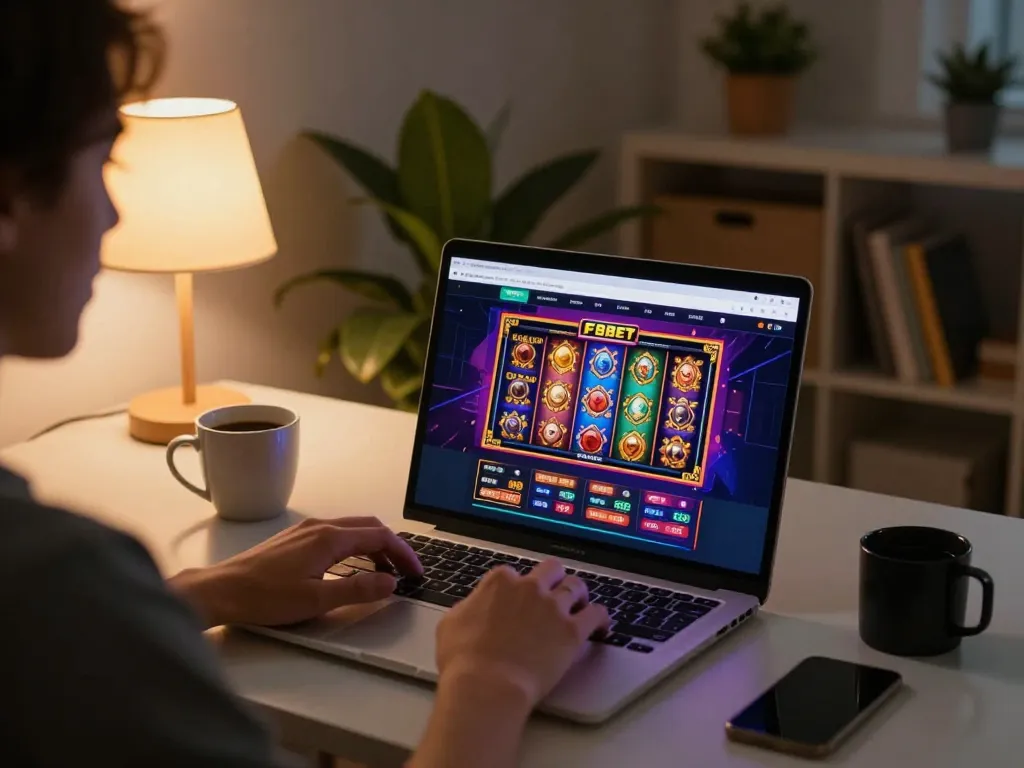 Engaging in online gaming with F8Beta2 on laptop in a cozy home environment, promoting responsible entertainment