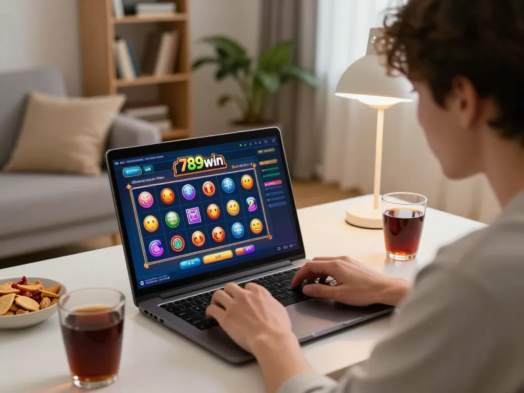 Nổ hũ 789win gameplay on a laptop in a cozy home setting, showcasing vibrant graphics and player engagement