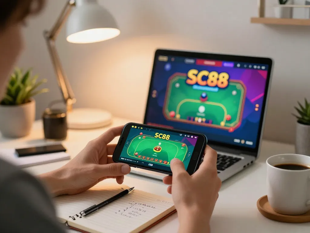 Engaging with the SC88 casino app on a smartphone in a cozy home office setting.