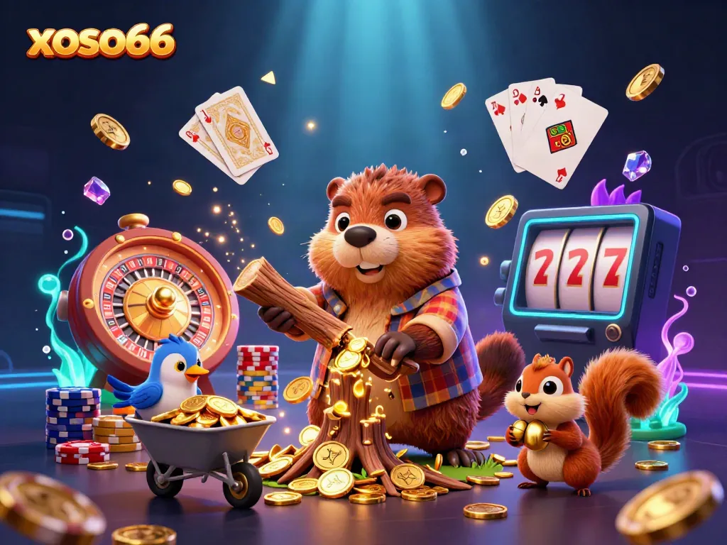 Experience winning with xoso66 as a beaver chops a tree raining golden coins in a casino-themed scene.
