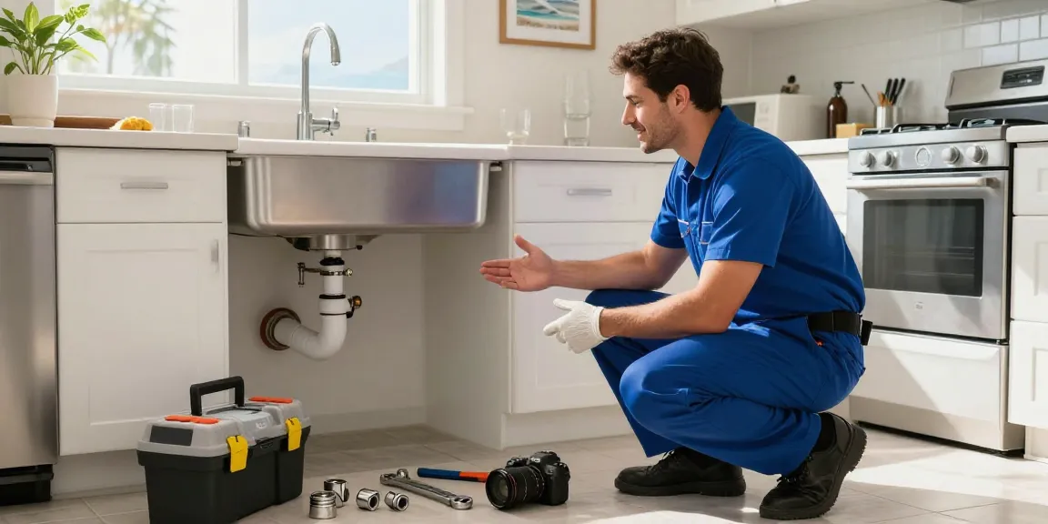 Expert San Diego plumber fixing a burst pipe under a kitchen sink with professional tools in a bright residential setting.