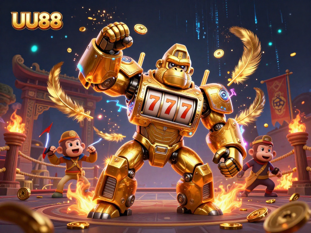 UU88 features a golden gorilla mech striking a powerful pose amidst a vibrant gaming arena.