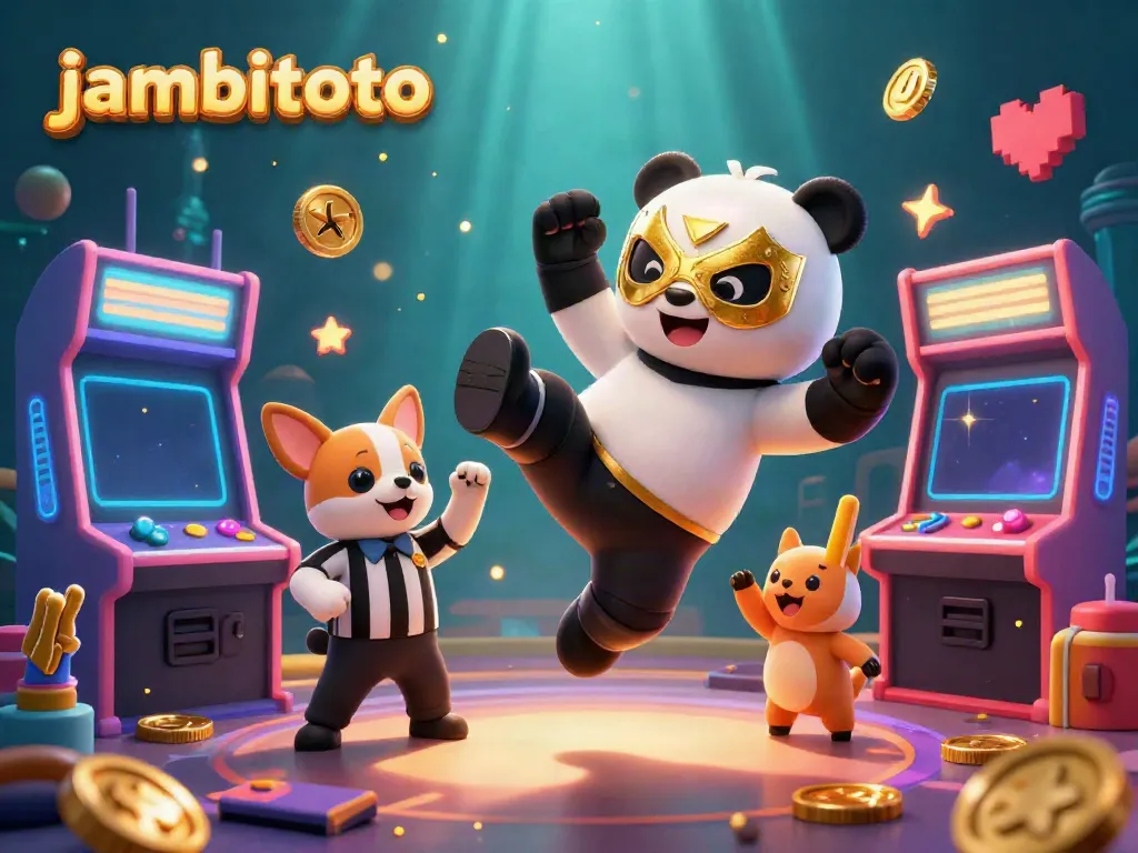 Experience the thrilling action with jambitoto's panda wrestler and chihuahua referee surrounded by vibrant gaming elements.