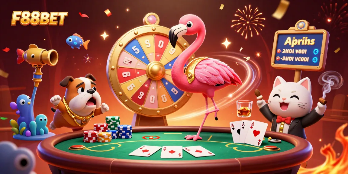 Spin to win big with F88BET as a flamingo host, bulldog contestant, and prizes revealed!