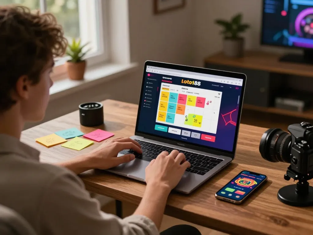 Engaging with loto188 online lottery platform from home office, showcasing responsible gaming.