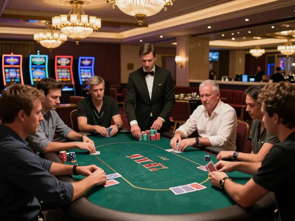 Engaging poker scene at a casino showcasing 789wim gameplay strategies with focused players and dynamic action.