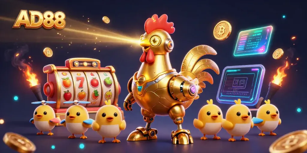 AD88 slots scene with a dynamic golden rooster robot and vibrant game elements