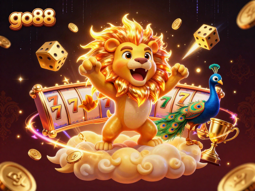 Experience the thrill of go88 with a vibrant 3D illustration showcasing dynamic slot elements and a roaring lion.