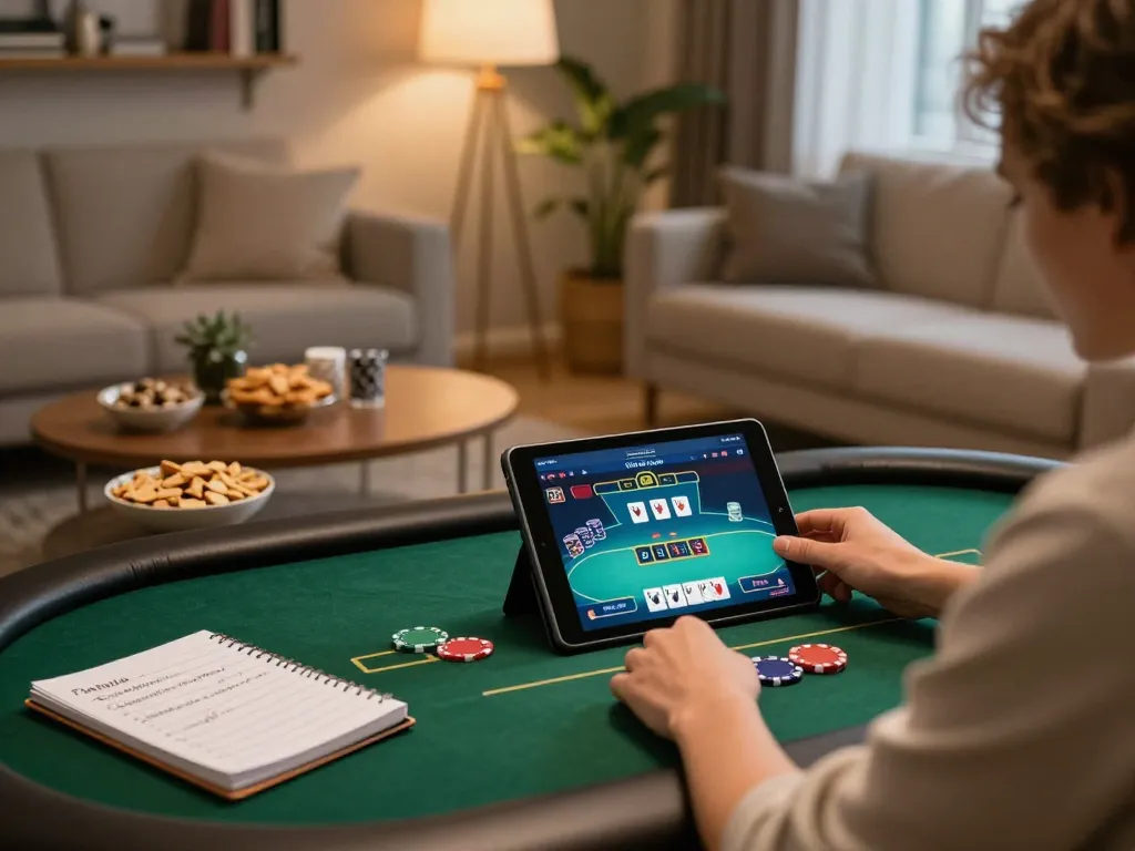 F168 player enjoying an online poker game at home with snacks and betting notes