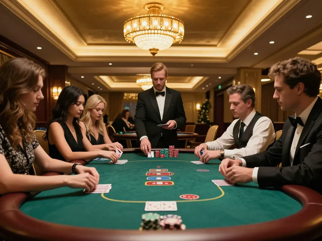 Players strategize and place bets in a luxury poker room at 13win casino