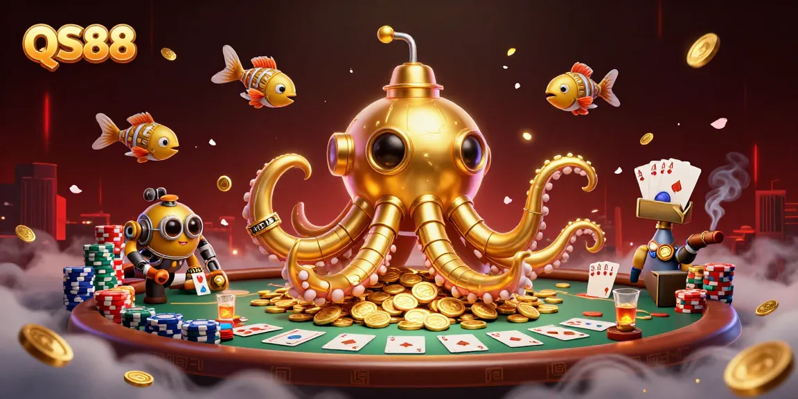 Experience QS88’s vibrant casino atmosphere with a golden kraken submarine and dynamic poker elements.