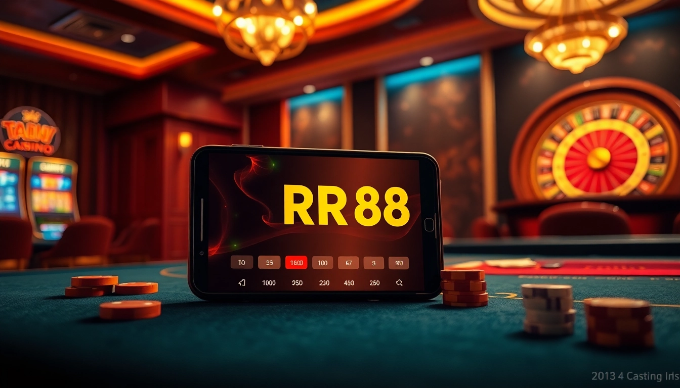 Experience high-stakes gambling with the RR88 app on a sleek mobile device amidst a luxurious casino ambiance.