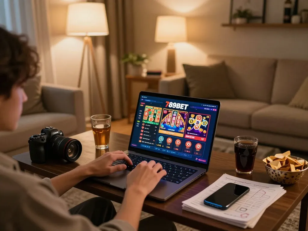 Engaged player exploring 789BET online gaming options on a laptop in a cozy home setting.