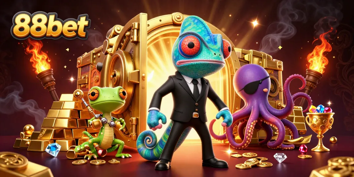 Join 88bet's exciting casino adventure with a vibrant 3D illustration showing colorful characters and treasures.