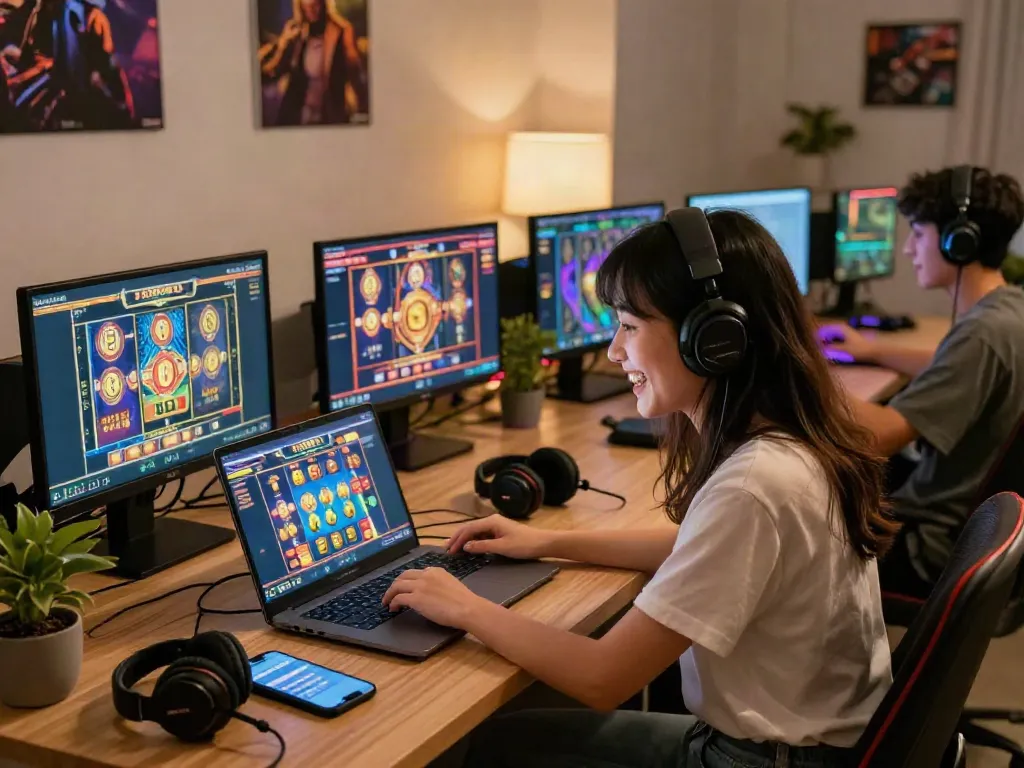 Exciting KOITOTO gaming scene with players engaging in vibrant slot games on various devices, filled with colorful graphics and joyful expressions.