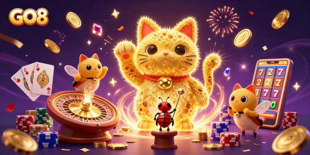 Join the excitement at GO8 with a vibrant illustration depicting a lucky cat and dynamic casino elements.