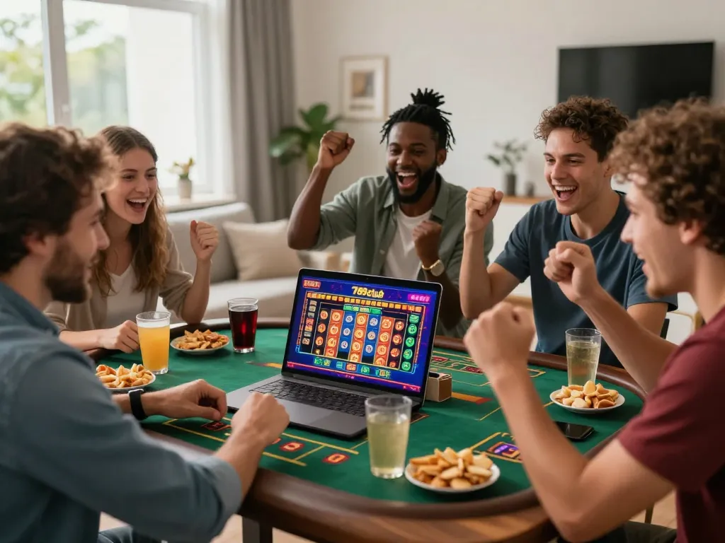 Friends enjoying online games on 789club in a lively living room setting.