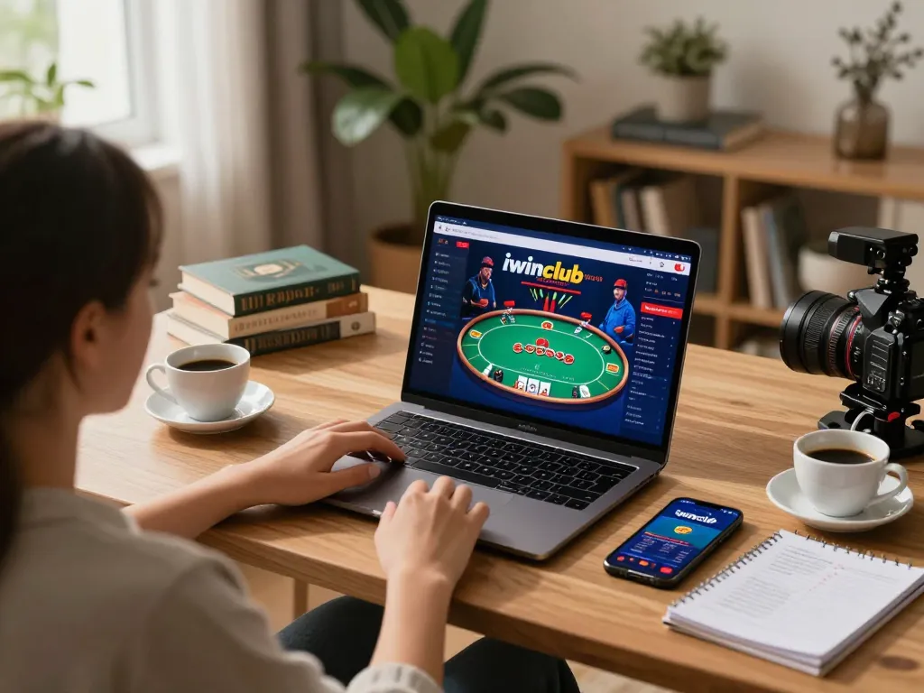 Engaging in online poker at home using iwinclub app on laptop and smartphone, warm cozy setting.