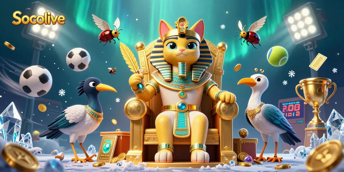 Socolive features a dynamic 3D illustration with a pharaoh cat and sports elements creating an engaging betting atmosphere.