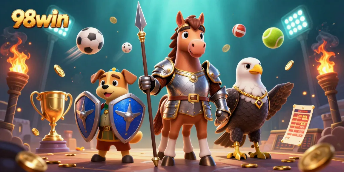 Experience exciting bets with 98win in a vibrant scene of fantasy characters and sports elements.