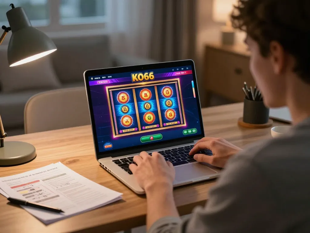 Người chơi đang tương tác với ứng dụng casino KO66 trên laptop trong một phiên chơi game trực tuyến đầy thú vị.