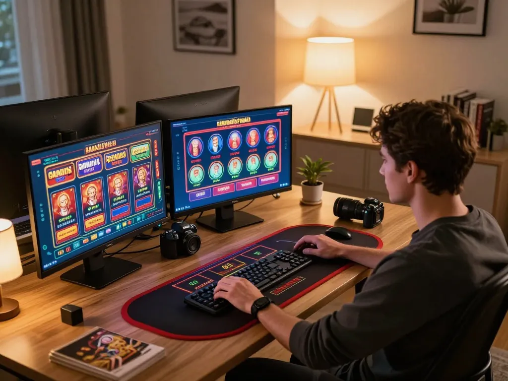 Engaging with Nhà cái SC88 through online gaming setup showcasing multiple screens and responsible gambling elements.