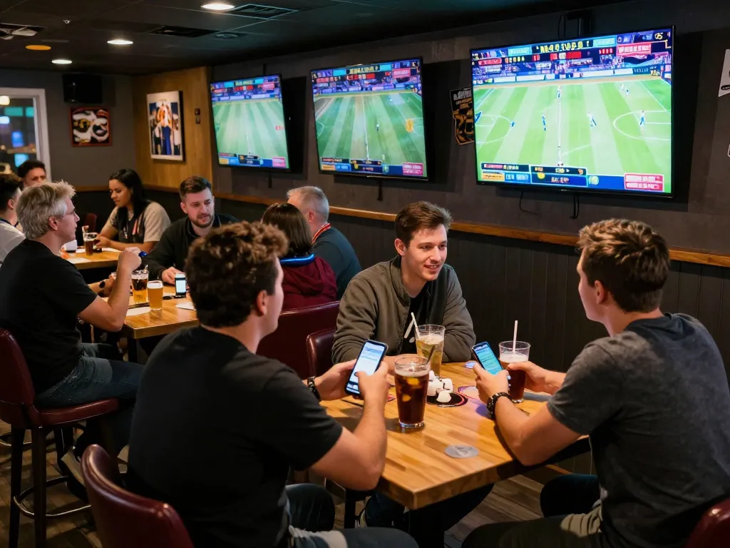 Exciting live sports betting atmosphere at https://rr88.gratis/ with patrons cheering on multiple screens displaying live games.