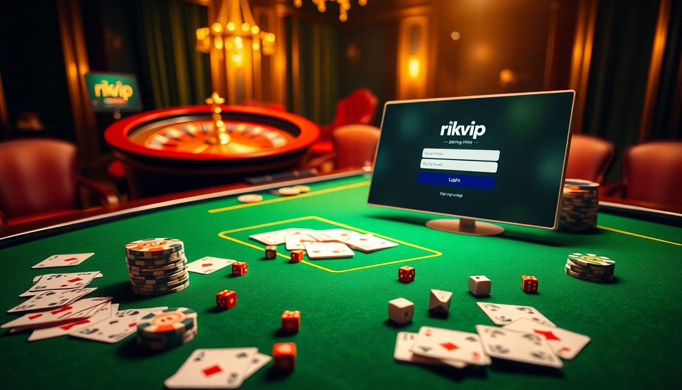 Enter the thrilling world of rikvip đăng nhập, featuring vibrant casino elements like poker chips and roulette.