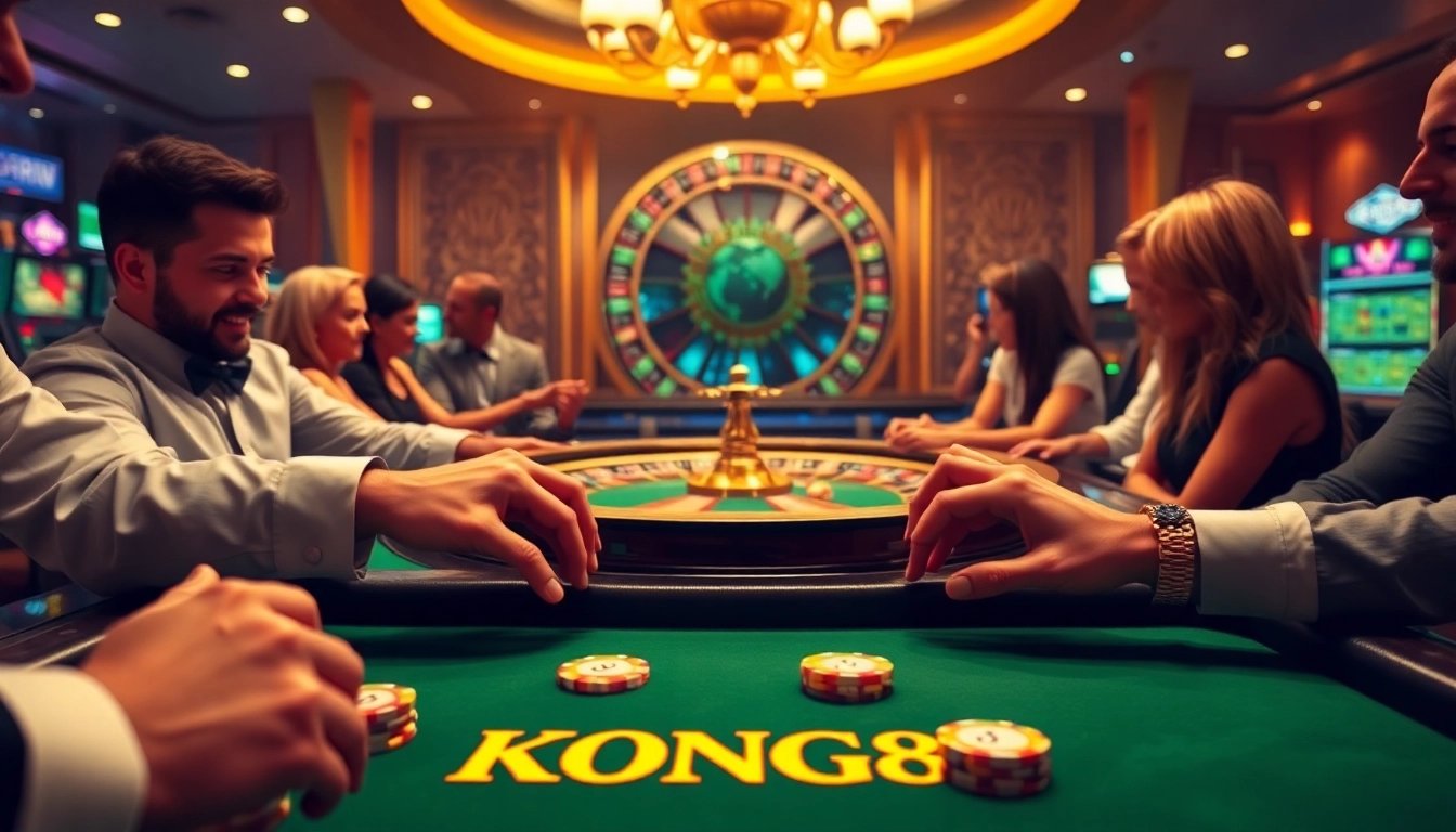 KONG88 gaming table with luxurious poker chips and cards, showcasing a vibrant casino atmosphere.
