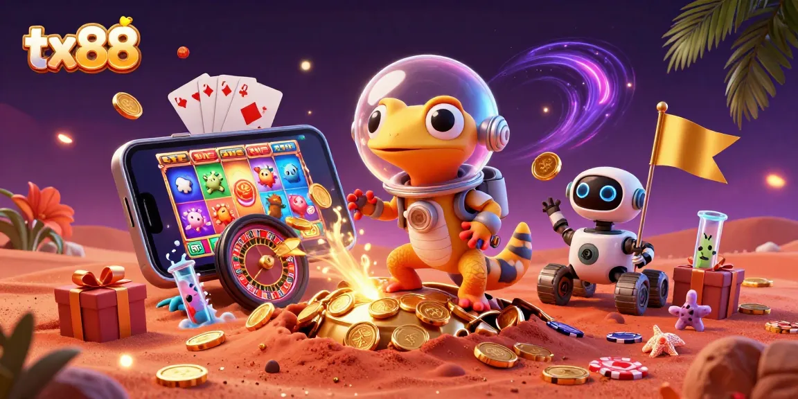 tx88 gaming adventure with Martian gecko in a golden casino scene filled with slot games and excitement