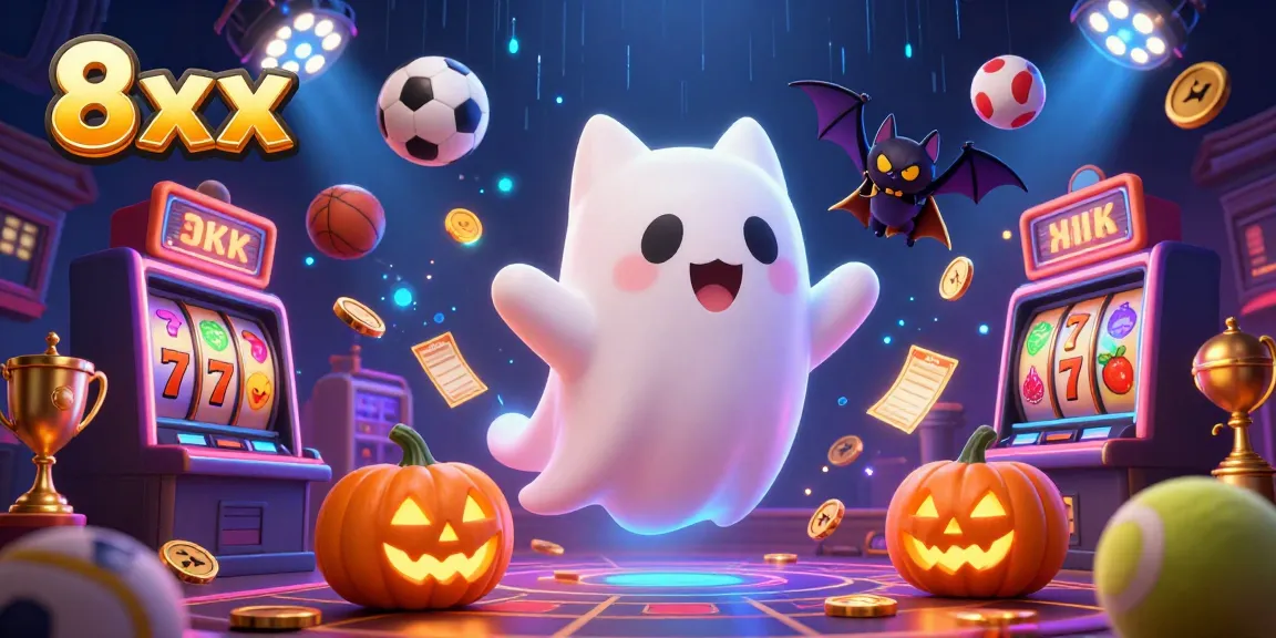 Join the ghost cat and vampire bat in the vibrant 8xx slot casino experience, surrounded by glowing jack-o-lanterns and sports balls.